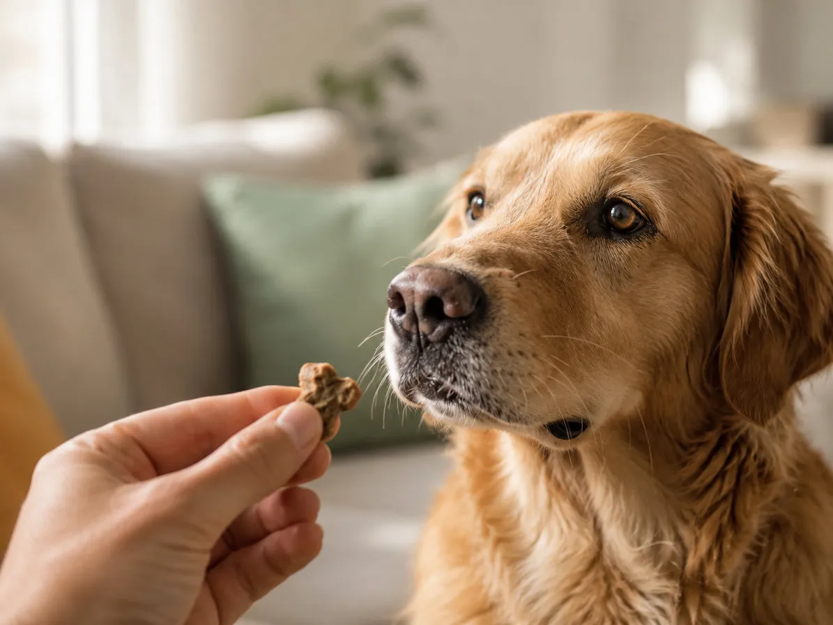 Una mano offre un premietto a un cane attento durante un esercizio
