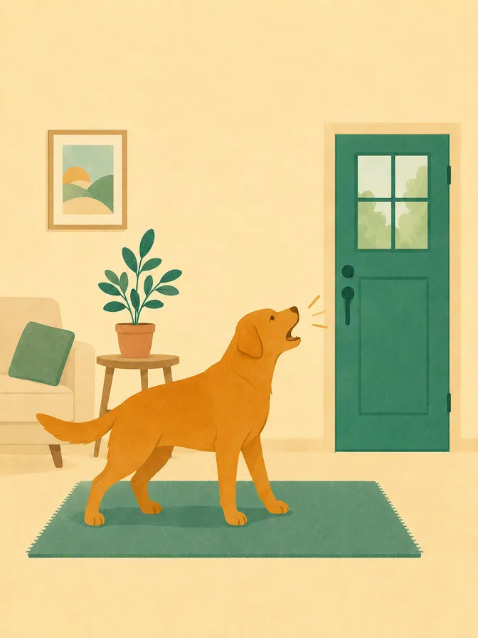 Cane che abbaia verso la porta di ingresso dal salotto