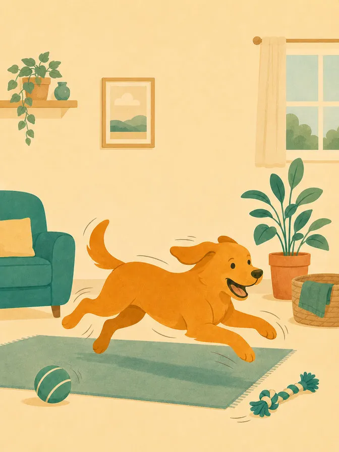 Cane che corre in salotto tra i suoi giochi