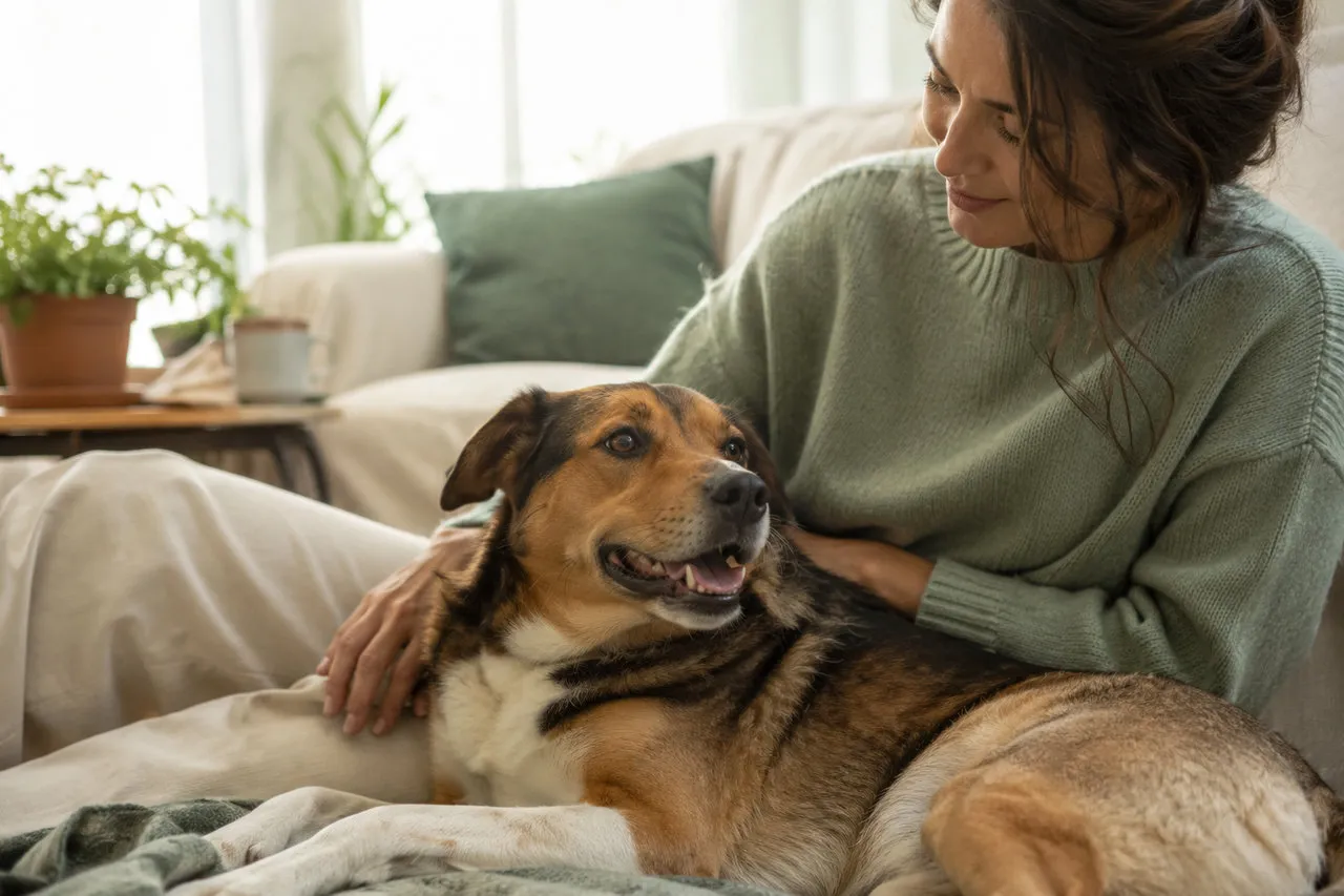 Un cane sereno e rilassato sul divano di casa, vicino al suo proprietario