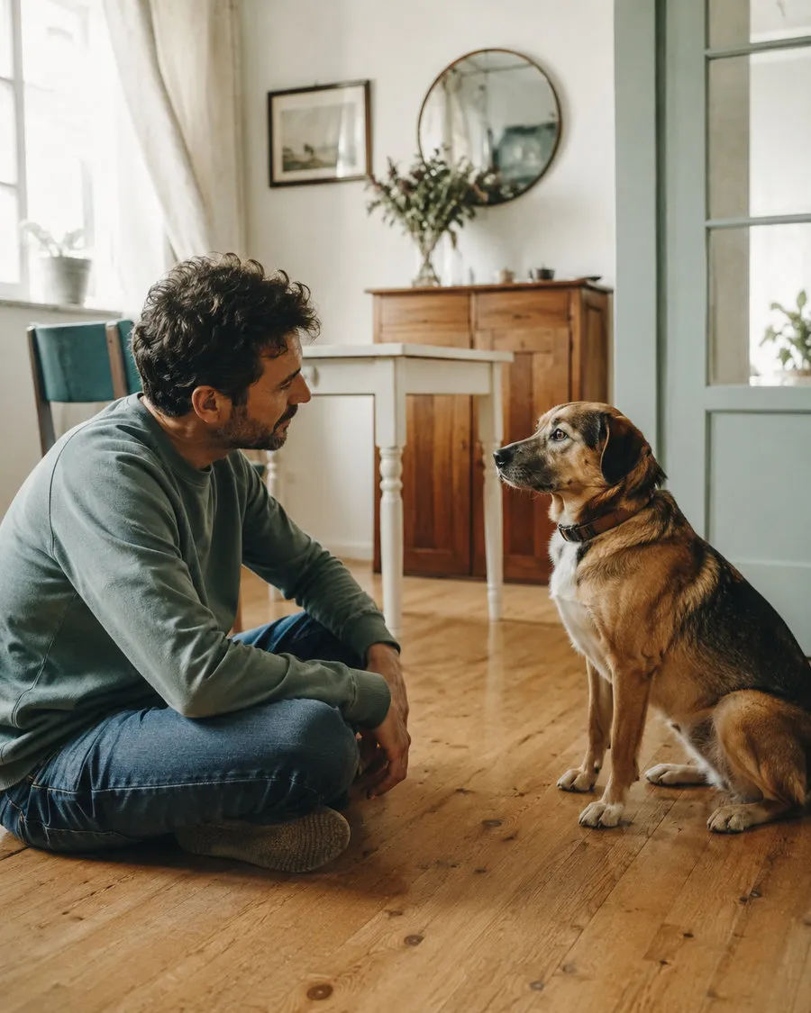 Una persona seduta sul pavimento con il suo cane, che lo osserva con attenzione