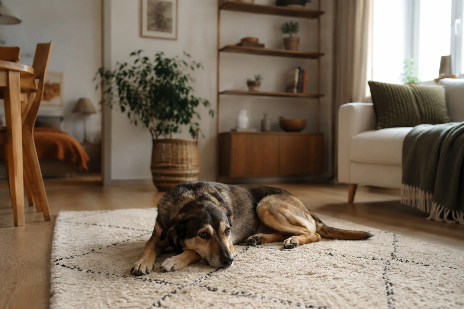 Cane sereno che riposa da solo in casa, tema dell'ansia da separazione del cane