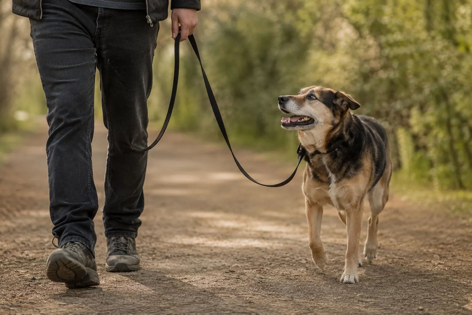 Cane che cammina al guinzaglio accanto alla persona durante una passeggiata tranquilla