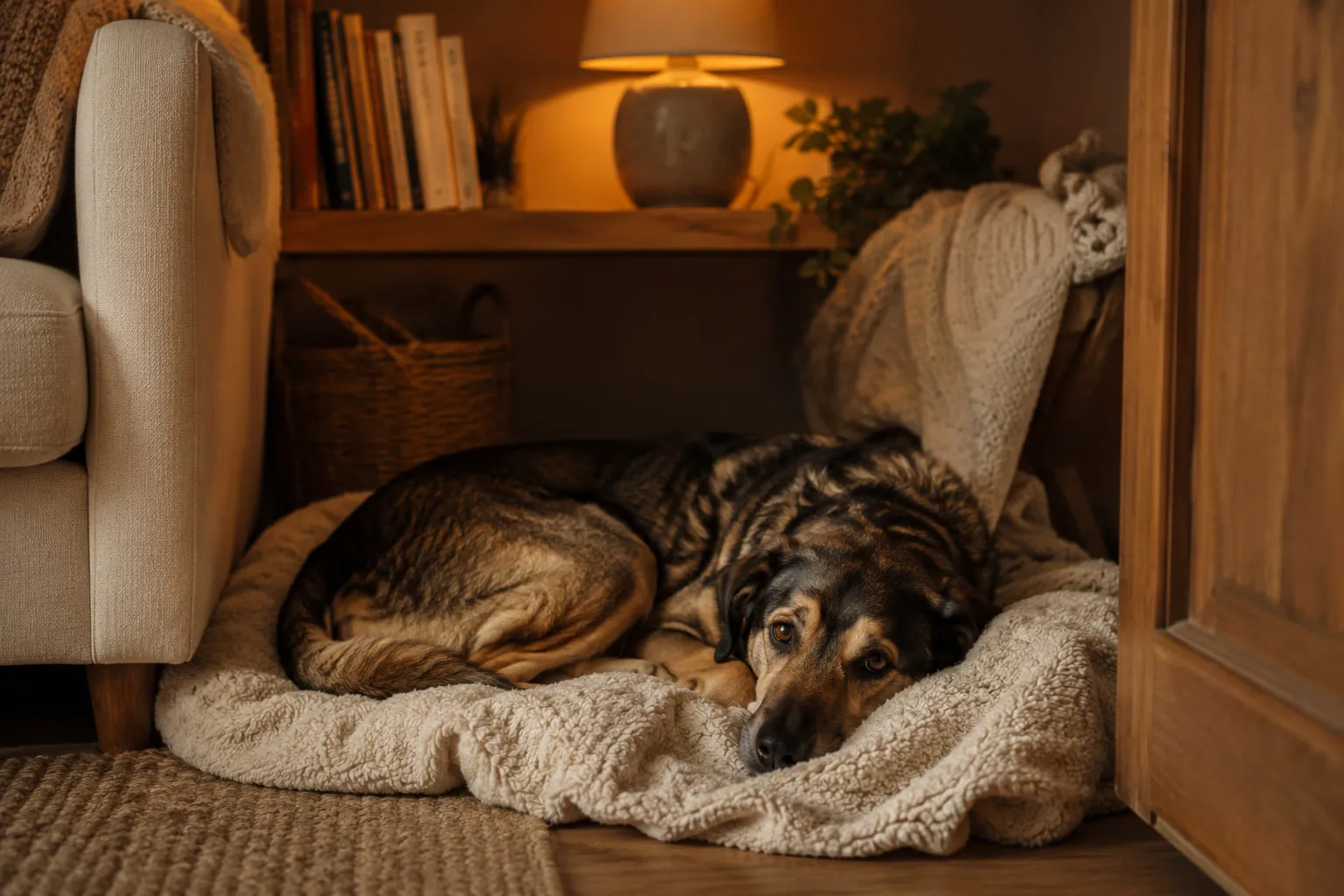 Cane tranquillo in un angolo sicuro di casa, tema della paura dei botti nel cane
