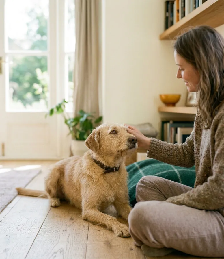 Una persona educa il suo cane con affetto, seduta in soggiorno