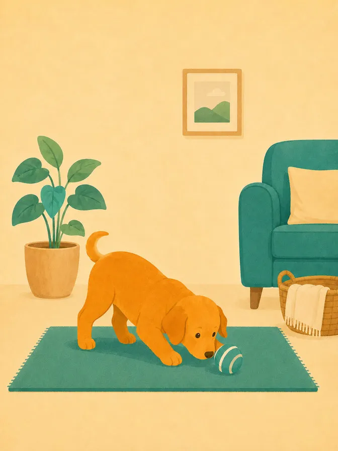Cucciolo che gioca con una pallina sul tappeto di casa