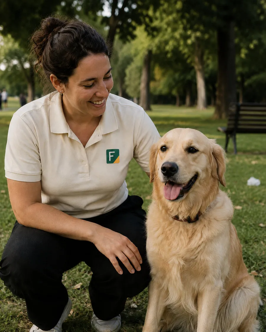 Educatrice cinofila accanto a un cane in un parco