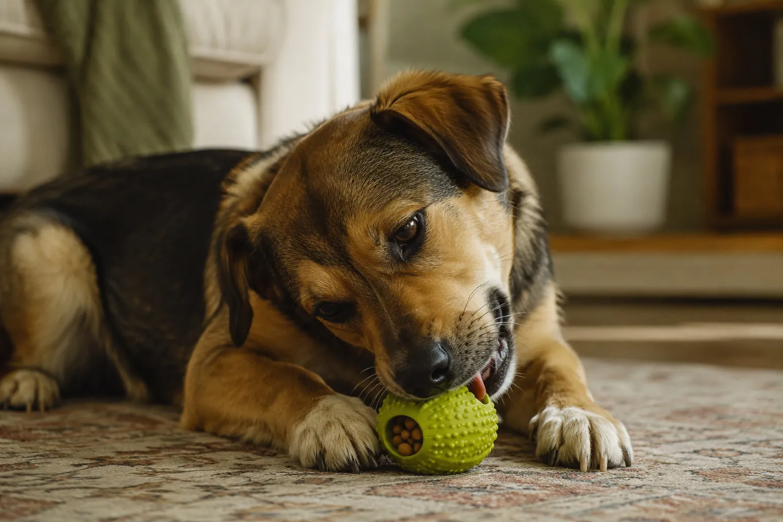 Cane che si dedica a un gioco riempitivo di cibo mentre resta da solo